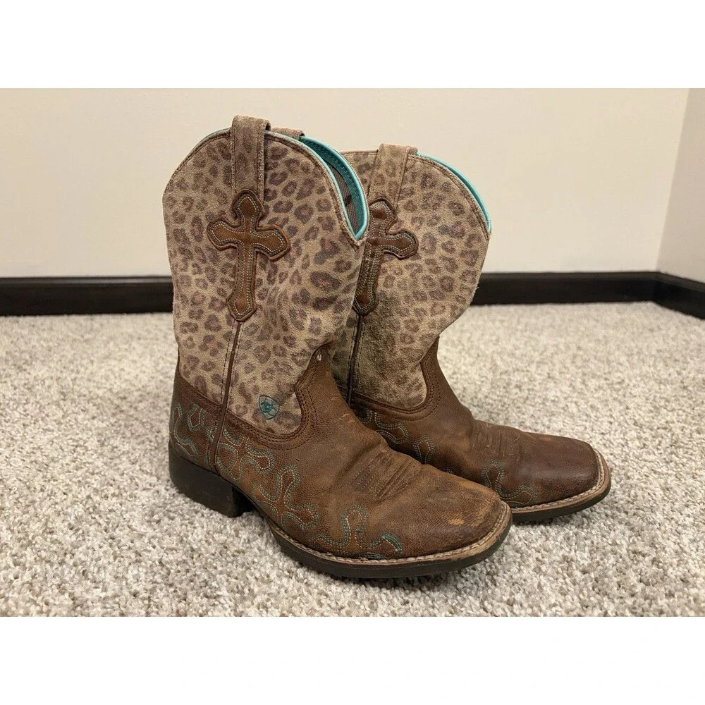 Ariat Kids Western Leopard Print Leather Boots Brown/Turquoise US 2 M